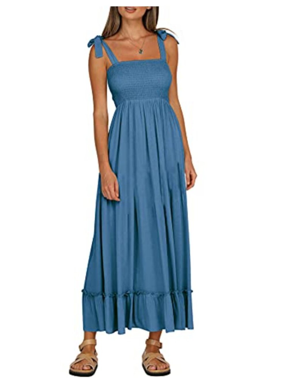 Women's Sleeveless Square Neck Midi Dress w/ Smocked Top